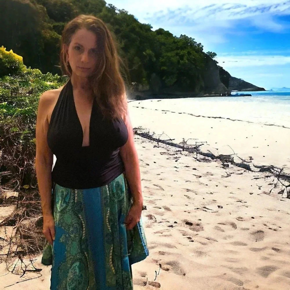 AGB Dress Black Halter Backless Sundress Asymmetrical Green Boho Patten Summer - Picture 16 of 16